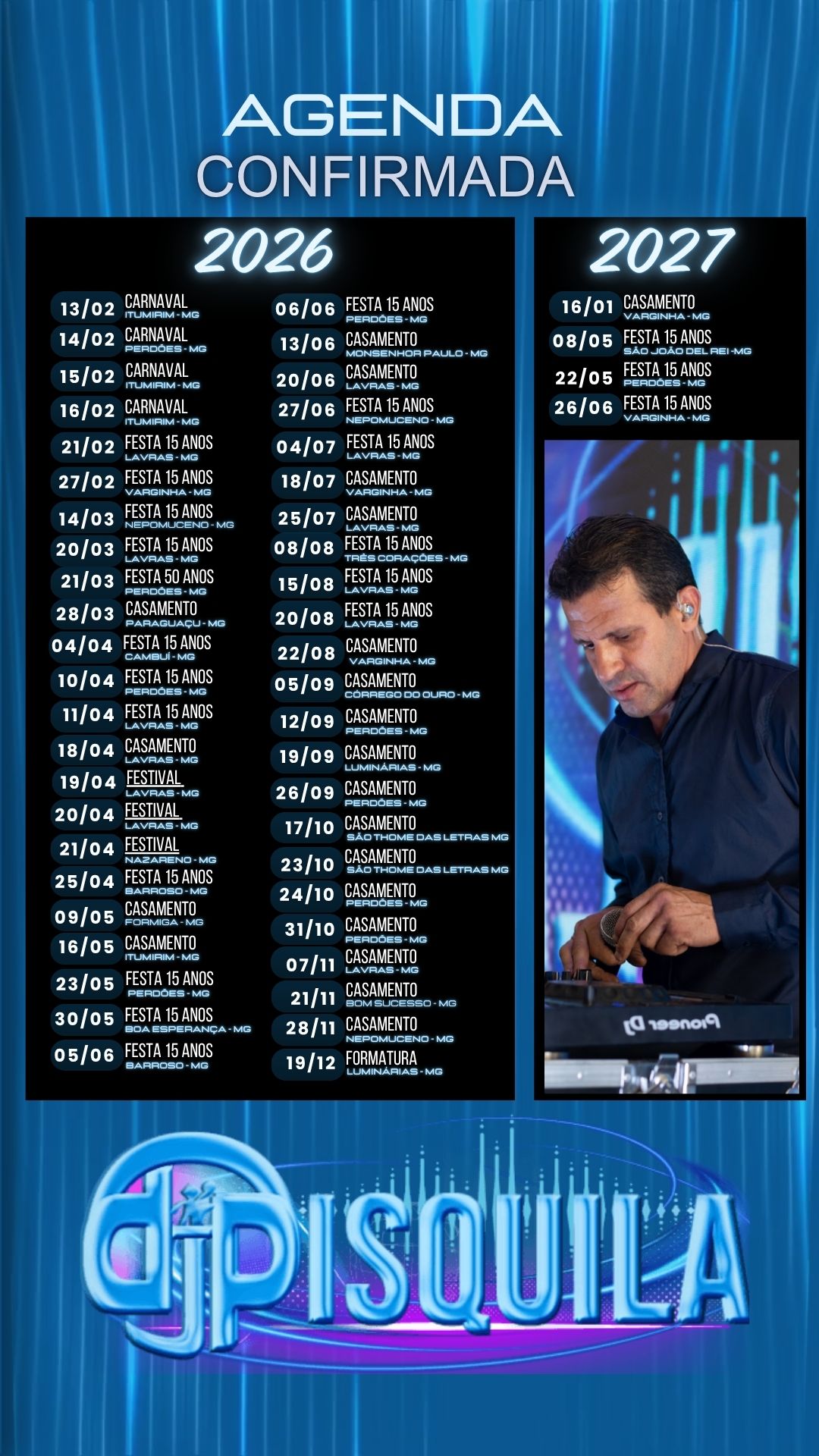 Agenda do DJ Pisqüila com datas disponíveis para eventos em Minas Gerais