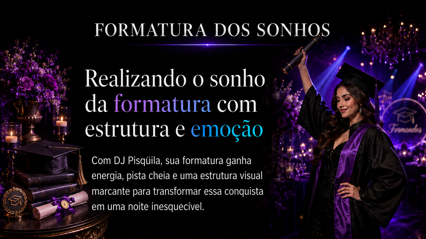 DJ para formatura em Lavras, Varginha e Minas Gerais com DJ Pisqüila, pista de LED, som profissional, iluminação, painel de LED, efeitos especiais e estrutura para baile de formatura
