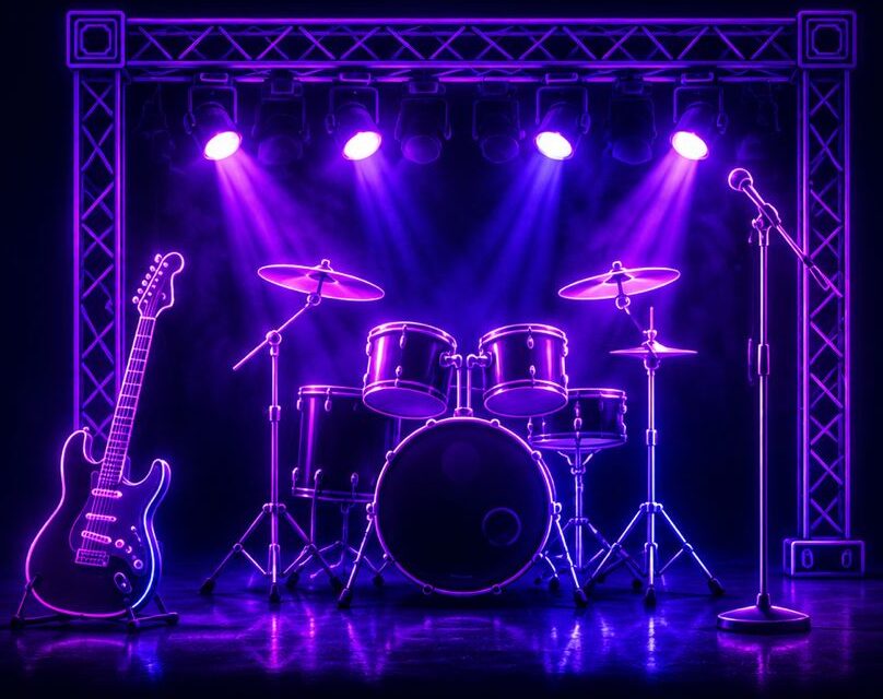 Estrutura preparada para banda em formatura com DJ, som e iluminação profissional