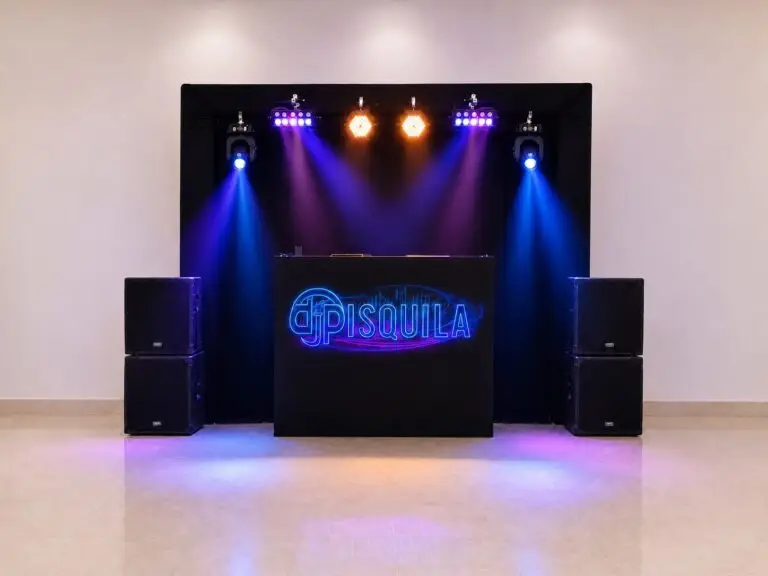 Estrutura básica com DJ, som e iluminação em trave para festas menores, aniversários, casamentos simples e eventos sociais.