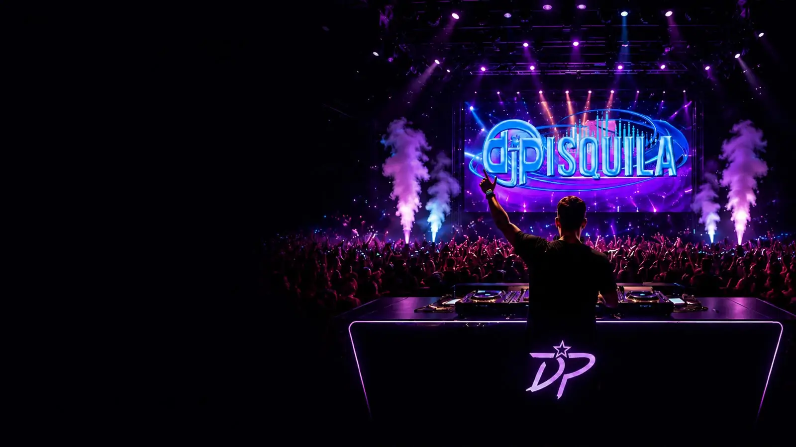 DJ Pisqüila comandando uma pista de dança com painel de LED, iluminação e efeitos