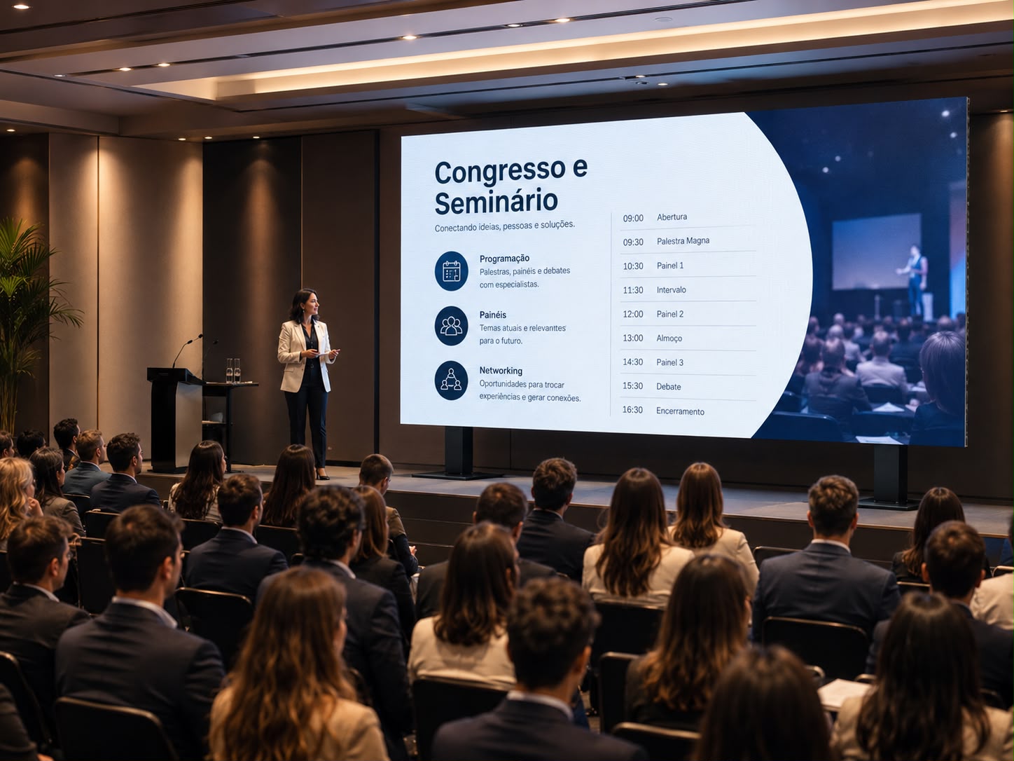 Congresso com apresentações exibidas em painel de LED