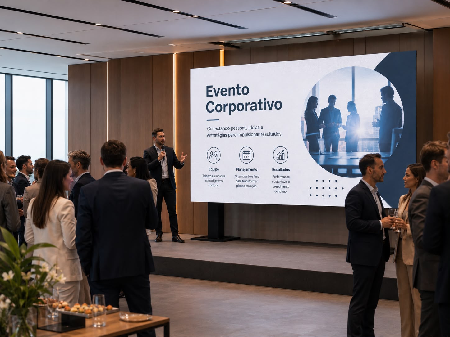 Evento corporativo com apresentação visual em painel de LED