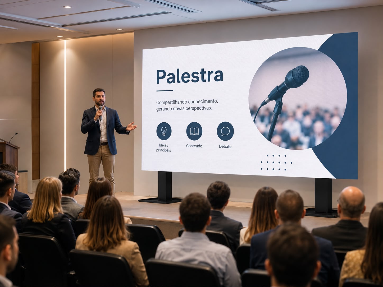 Palestra com vídeos e slides apresentados em painel de LED