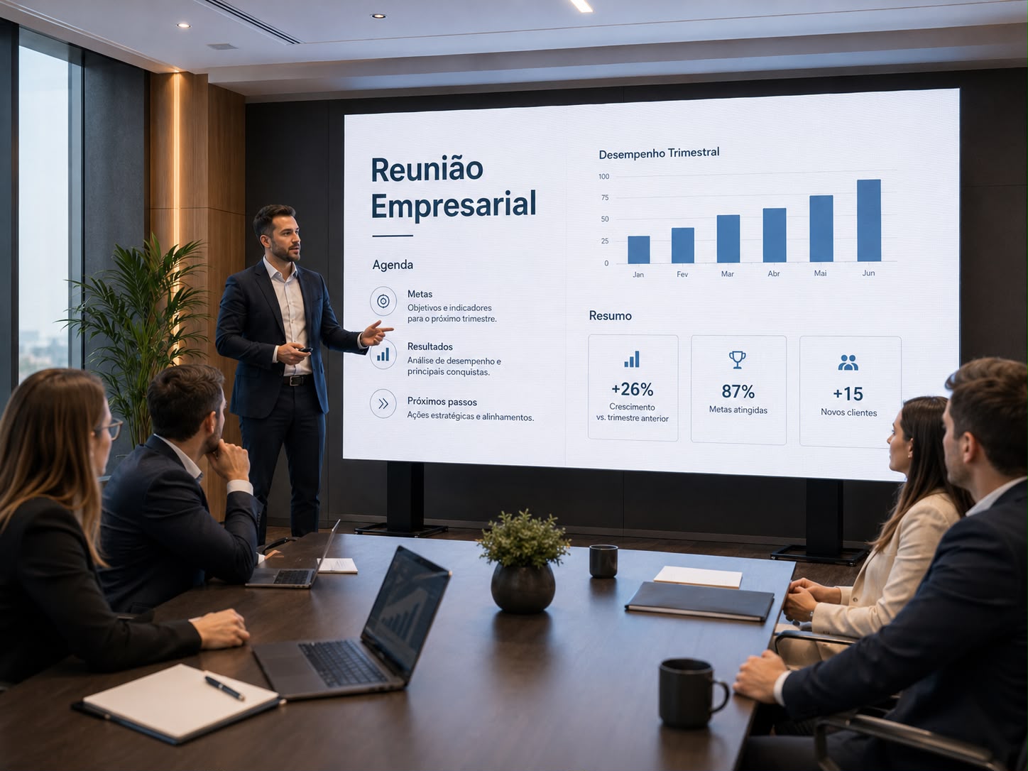 Apresentação de resultados em reunião empresarial