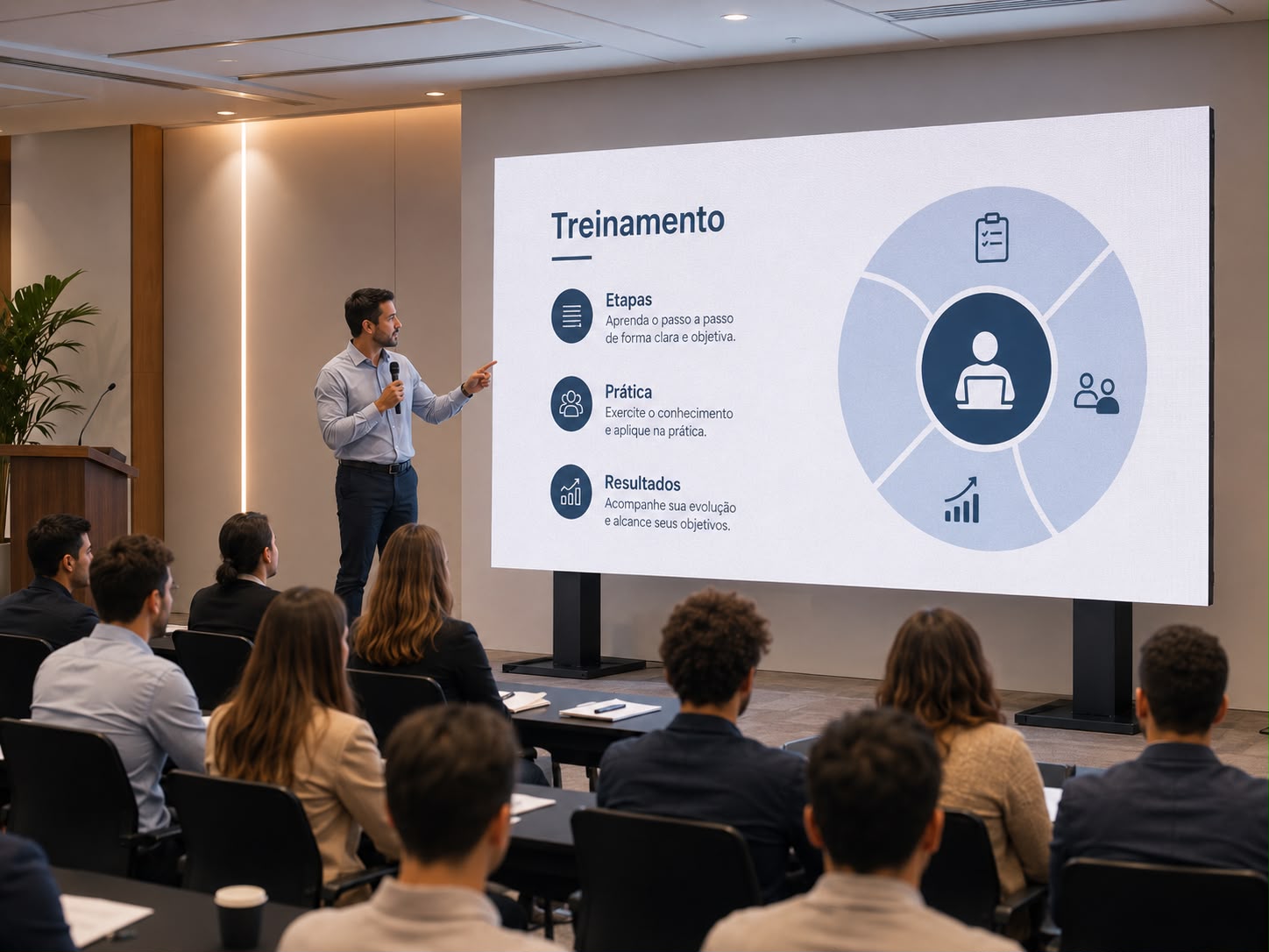 Treinamento de equipe com apresentação em painel de LED